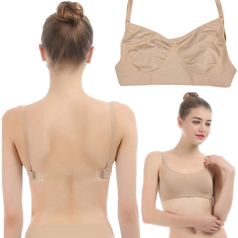 Womens tan dance bra. Seamless, clear back and transition straps. Size XL